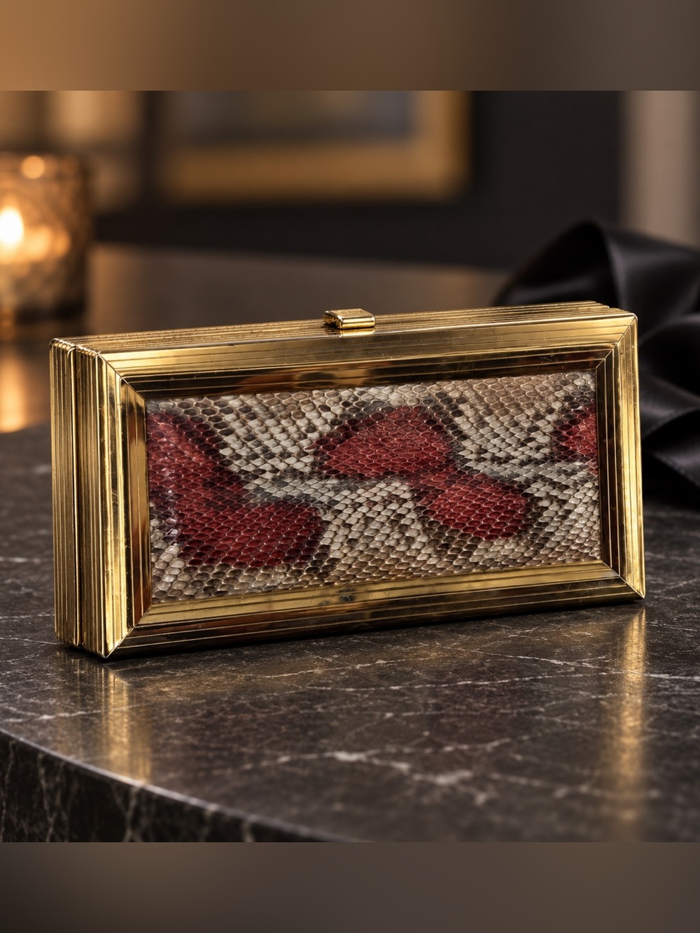 Michels Drew Vintage Snakeskin Gold Box Clutch with Chain Strap